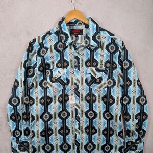 Southwestern Print Button-Up Shirt in Aqua, Black & Brown